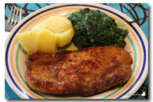 Escalope panée au gouda, épinards à la crème