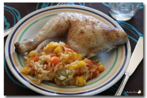 Cuisse de poulet, sauce aigre-douce à la mangue et riz