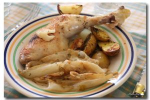 Cuisse de poulet au four, chicon braisé à l'estragon, pommes grenailles au four