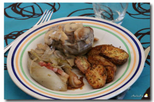 Paupiette de boeuf aux champignons, chicons braisés, pommes au four