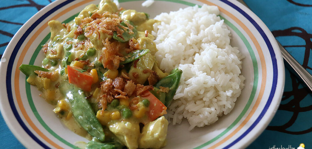 Poulet curry aux légumes, riz Thaï