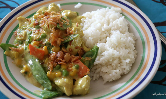 Poulet curry aux légumes, riz Thaï