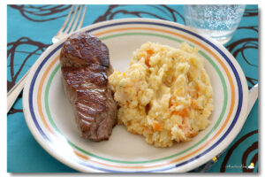 Steak, potée céleri-rave carottes