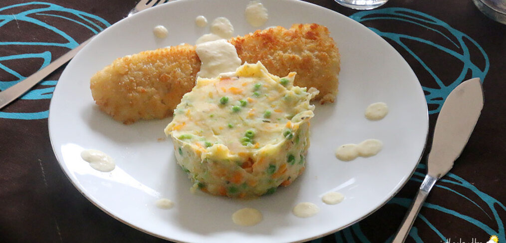 Cabillaud pané à la sauce moutarde et stoemp aux petits pois-carottes