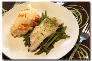 Le poisson du pirate, haricots verts et riz au carottes